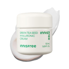 Innisfree Green Tea Seed Hyaluronic Cream jar close-up showing hydrating texture