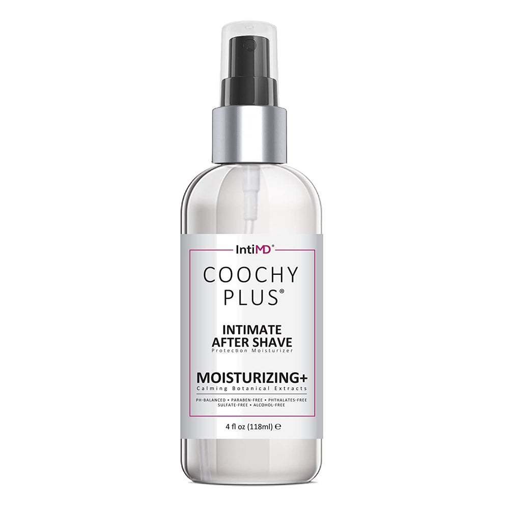 IntiMD COOCHY bottle-dispense for quick, soothing post-shave care.