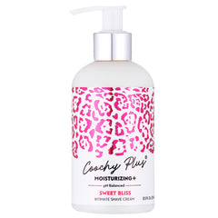IntiMD Coochy Plus intimate shave cream bottle shows MOISTURIZING+ formula for smoother skin.