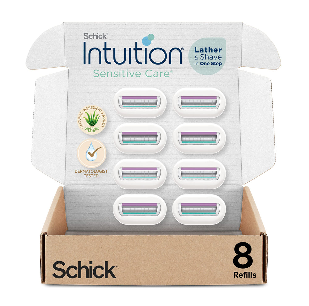 INTUITION Schick Intuition Sensitive Care refill pack with aloe for gentle, smooth shaves.