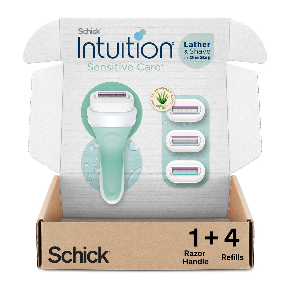 INTUITION sensitive-care razor with pivoting head gliding along contours to minimize irritation