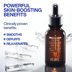 IOPE Bio-PDRN Caffeine Shot Serum texture close-up shows silky absorption.