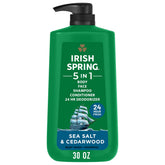 Irish Spring 5-in-1 bottle with sea salt cedarwood for daily all-day freshness.