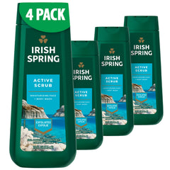 Irish Spring Active Scrub Body Wash bottle four-pack ready for daily use