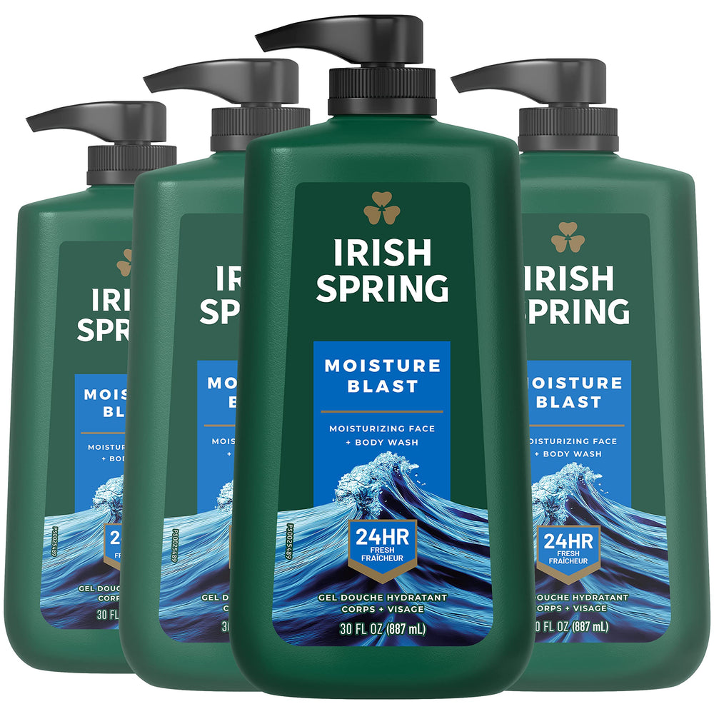 Irish Spring Moisture Blast bottle front with fresh scent for daily showers.