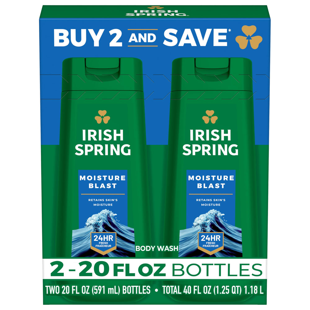 Irish Spring Moisture Blast: dos botellas de 20 onzas para ducha con frescura duradera.