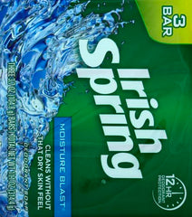 Irish Spring Moisture Blast triple-pack packaging shows three 3.7 oz bars.
