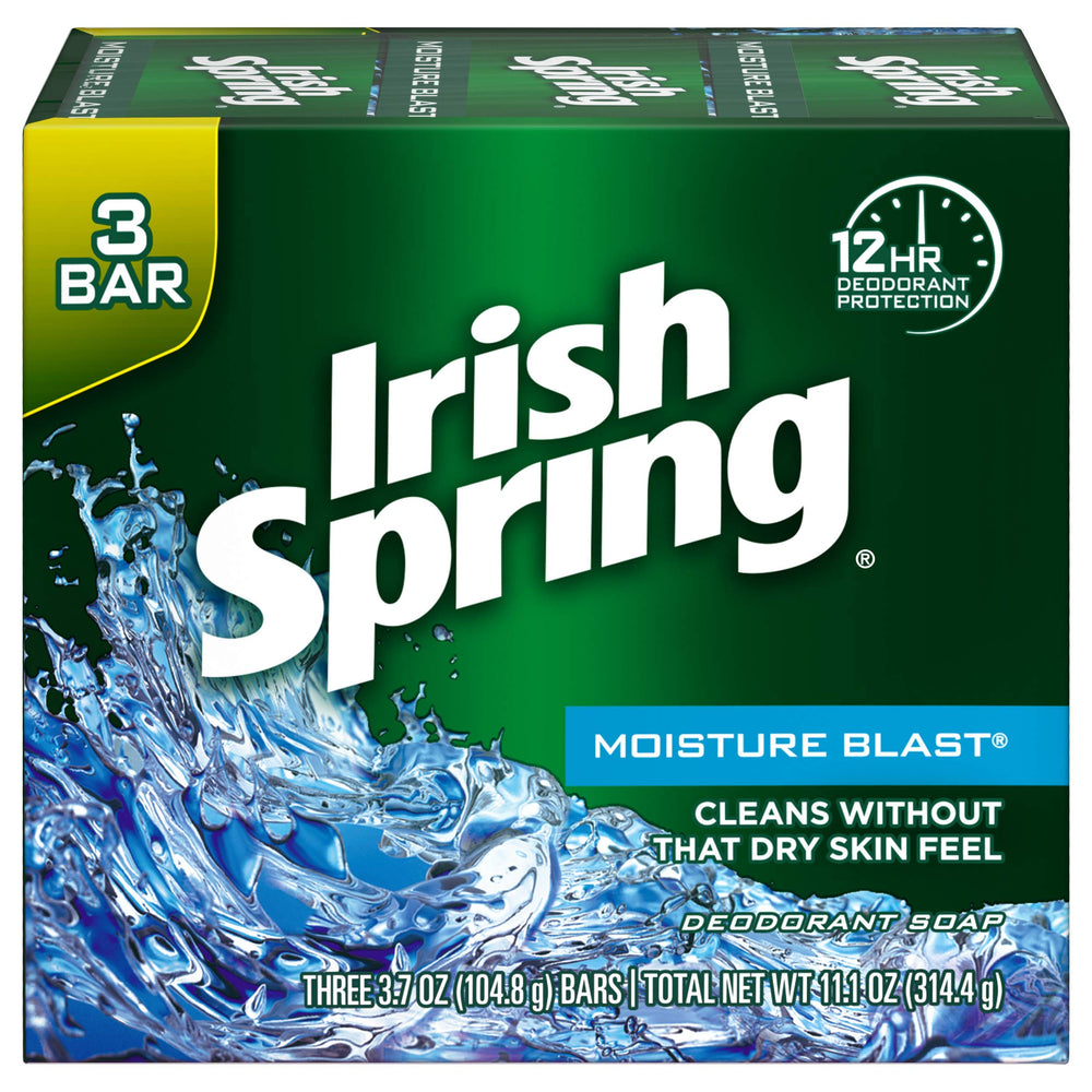 Irish Spring Moisture Blast soap bar in shower releasing a refreshing fragrance.