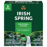 Irish Spring Original deodorant soap bars in packaging for convenient 3-count pack