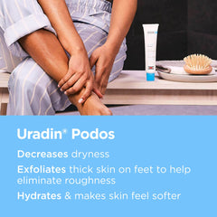 ISDIN Uradin Podos Gel Oil being spread on the foot to soften rough skin.