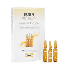 Isdinceutics Flavo-C Ultraglican serum bottle promotes radiant skin and antioxidant protection.