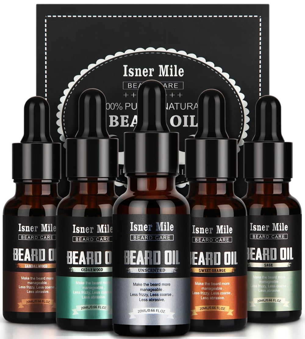 ISNER MILE sandalwood beard oil bottle pour highlighting daily grooming for a softer beard