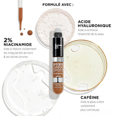 IT Cosmetics Bye Bye Dark Spots Concealer + Brightening Serum applied to targeted areas for coverage.