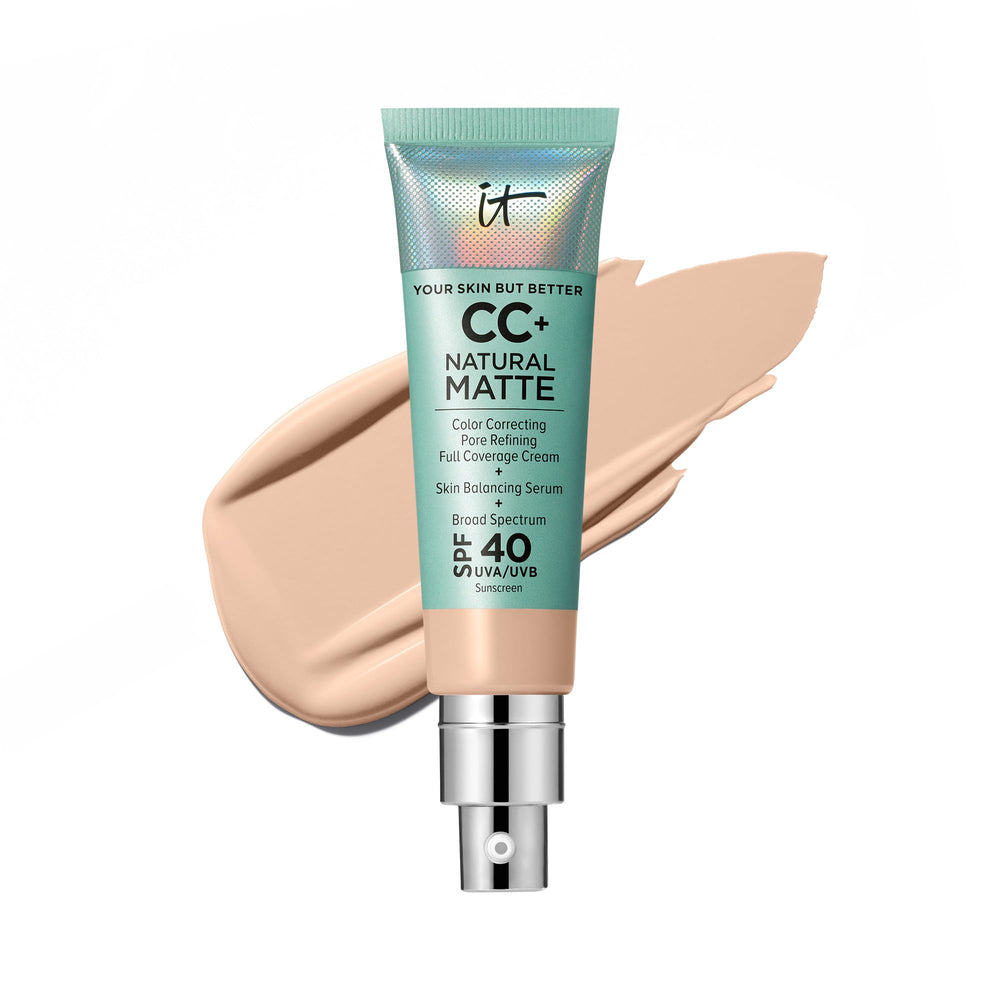 IT Cosmetics CC+ Natural Matte SPF 40 packaging front highlights matte finish and shade Fair Light.
