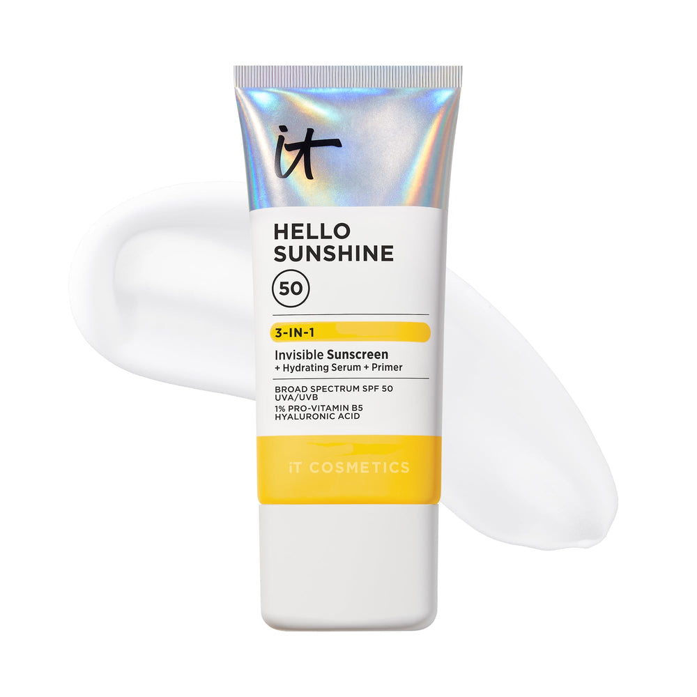 IT Cosmetics Hello Sunshine bottle front view showing clear SPF 50 protection.