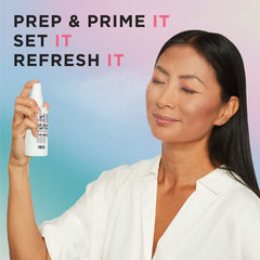 IT Cosmetics Setting Spray+ with hyaluronic acid, coconut water, and aloe vera nourishing the skin while setting makeup.