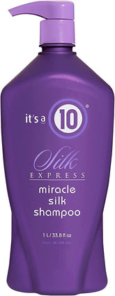 It's a 10 Haircare Silk Express Miracle Silk Shampoo bottle shows creamy formula for silkier, manageable hair.
