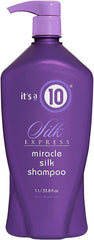 It's a 10 Haircare Silk Express Miracle Silk Shampoo bottle shows creamy formula for silkier, manageable hair.
