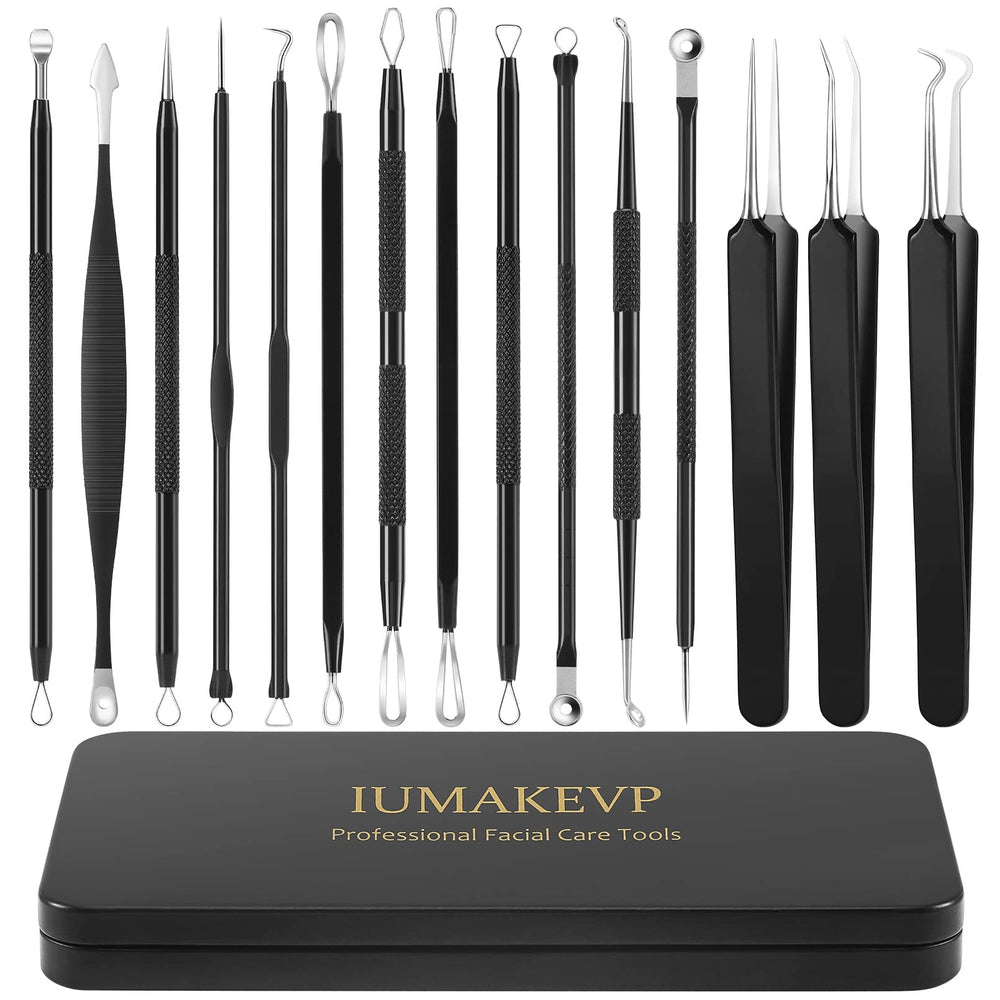 IUMAKEVP 15-piece blackhead remover kit in a metal case for travel