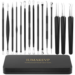 IUMAKEVP 15-piece blackhead remover kit in a metal case for travel