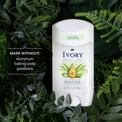 Ivory deodorant packaging close-up shows clean, aluminum-free formula.