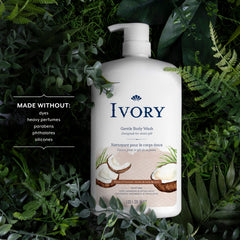 Ivory Body Wash plant-based-cleaners visual demonstrates gentle dirt removal.