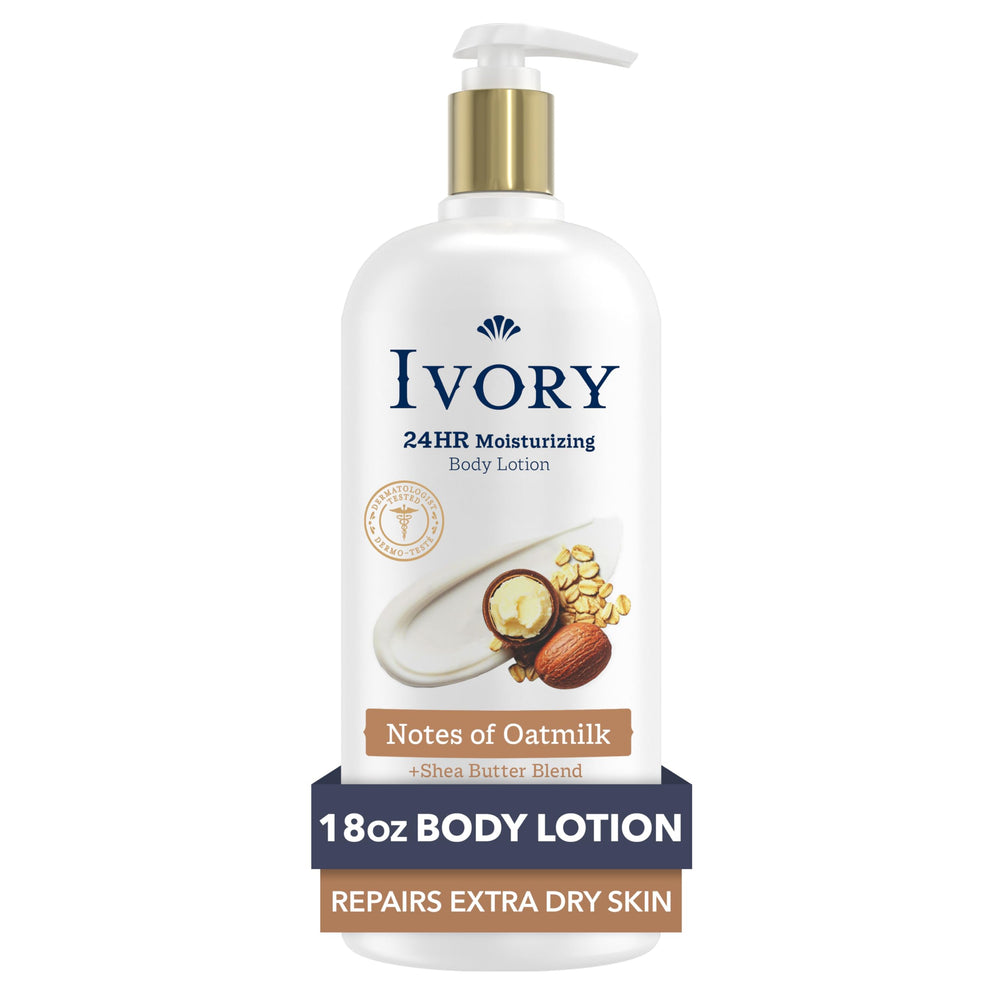 Ivory Hand & Body Lotion bottle shows 24-hour moisturizing for lasting hydration.