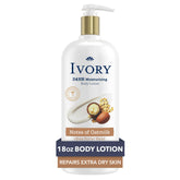 Ivory Hand & Body Lotion bottle shows 24-hour moisturizing for lasting hydration.