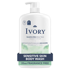 Ivory Sensitive Body Wash bottle pour shows fragrance-free cleansing for sensitive skin.