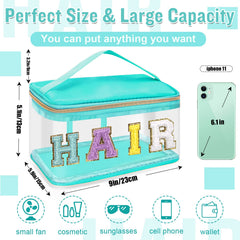 Transparent makeup pouch featuring top opening for quick access to essentials.