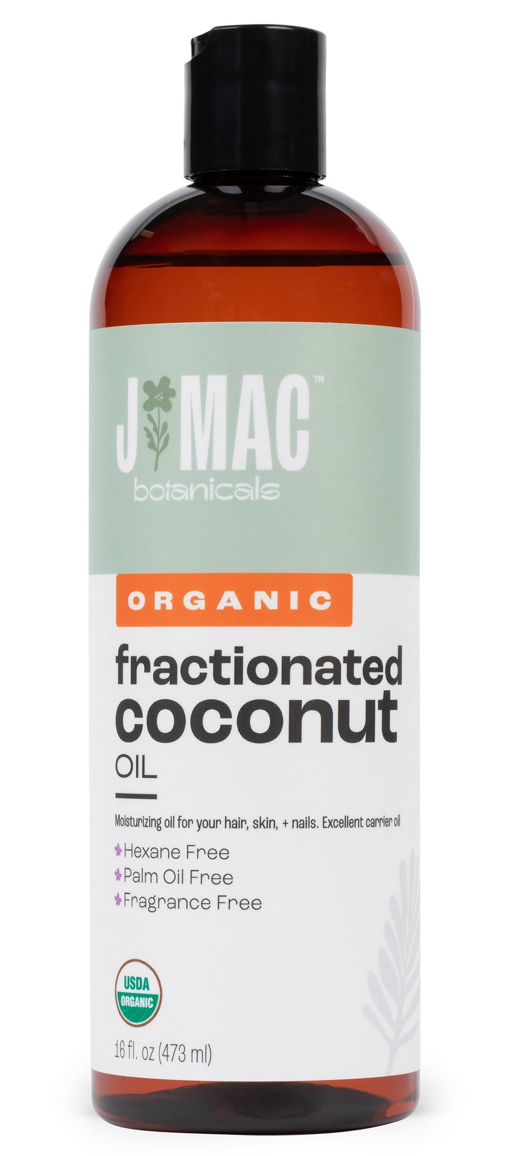 J MAC BOTANICALS aceite de coco fraccionado en botella, ideal para hidratación diaria