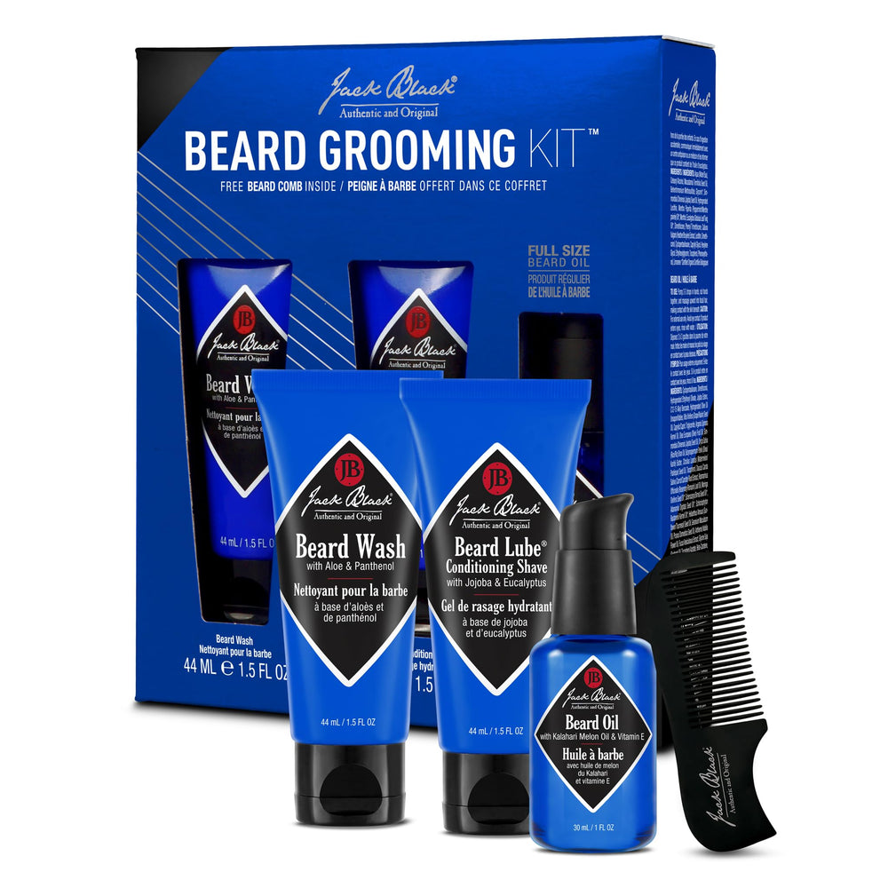 Jack Black beard grooming kit travel size packaging shows four steps