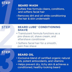 Beard oil bottle featuring organic oils and antioxidants for conditioning