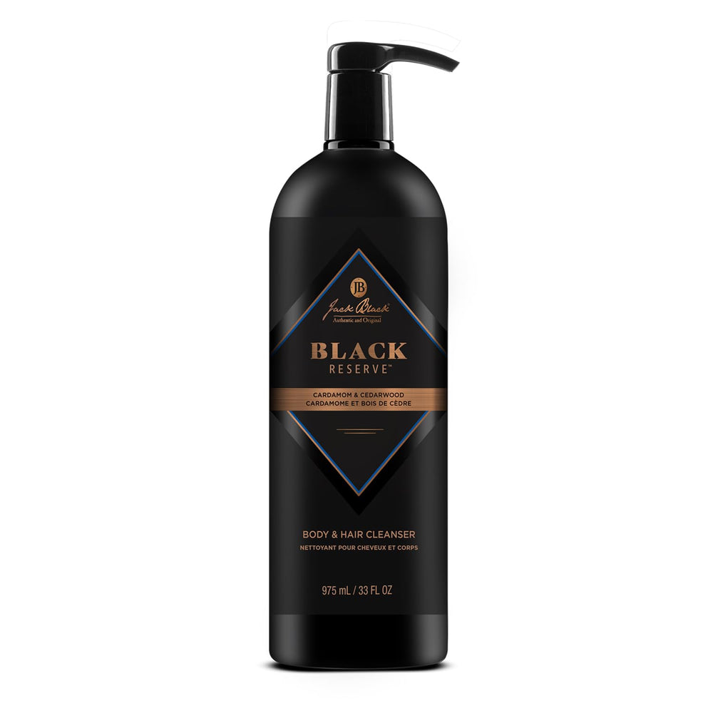 Jack Black Black Reserve cleanser bottle front for daily body and hair cleansing.