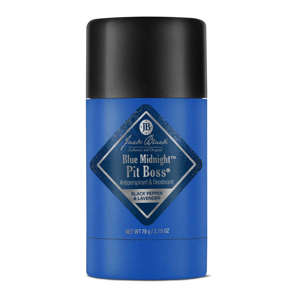 Jack Black Blue Midnight Pit Boss packaging highlights premium design for refined grooming.