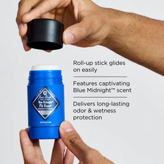 Jack Black Blue Midnight Pit Boss stick close-up showcases smooth glide for easy application.