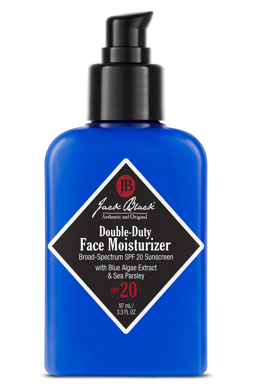 Jack Black Double-Duty SPF 20 moisturizer bottle provides daily hydration and protection.