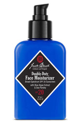 Jack Black Double-Duty SPF 20 moisturizer bottle provides daily hydration and protection.