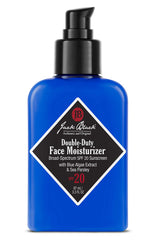 Jack Black Double-Duty SPF 20 moisturizer bottle provides daily hydration and protection.