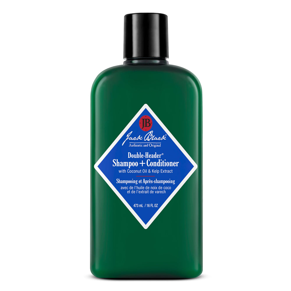 Jack Black Double-Header shampoo bottle shows sulfate-free cleansing and buildup removal.