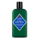 Jack Black Double-Header shampoo bottle shows sulfate-free cleansing and buildup removal.