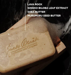 Luxurious lather nourishes with Murumuru and Shea Butter on Jack Black bar.