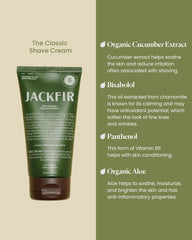 Jackfir Classic Shave Cream label closeup: premium packaging and natural ingredients.