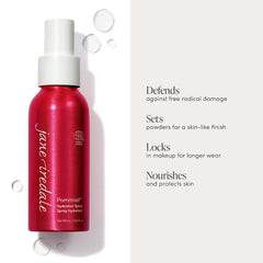 Jane Iredale Pommisst mist on face to boost hydration and extend makeup wear.
