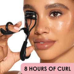 JAPONESQUE Pro Performance Lash Curler side view shows 60° curved cage for full lash sweep