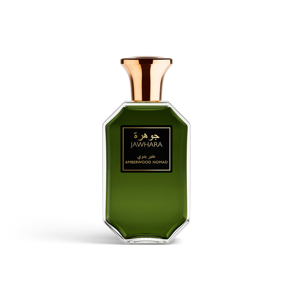 Jawhara Amberwood Nomad bottle on display, premium ambery-fougere focal point