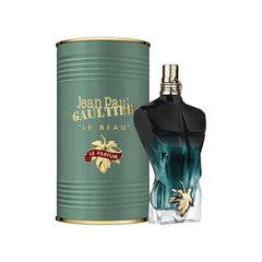 Jean Paul Gaultier Le Beau bottle with dark gradient and gold accents, ideal for refined vibes.