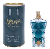 Jean Paul Gaultier Le Beau bottle front view showcases sleek masculine design for daily wear.