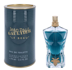 Jean Paul Gaultier Le Beau bottle front view showcases sleek masculine design for daily wear.