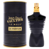 Jean Paul Gaultier Le Male Le Parfum bottle close-up with vanilla notes for evening wear